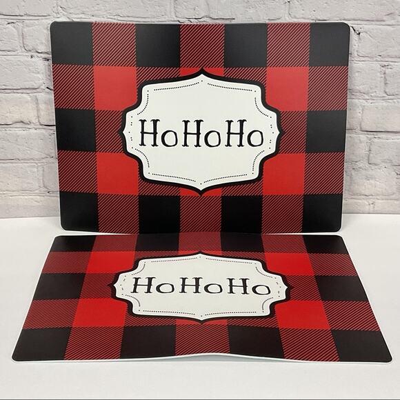 Christmas Placemats "Ho Ho Ho" Set of 4 Buffalo Plaid Red/Black Vinyl Farmhouse - Picture 1 of 5